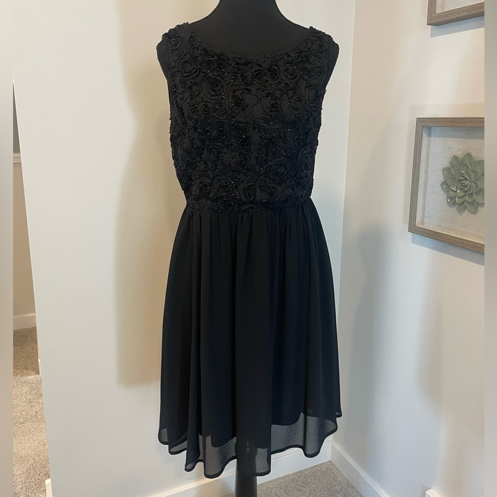 Verty Black Floral Beaded Dress With Deep V-Back EUC
